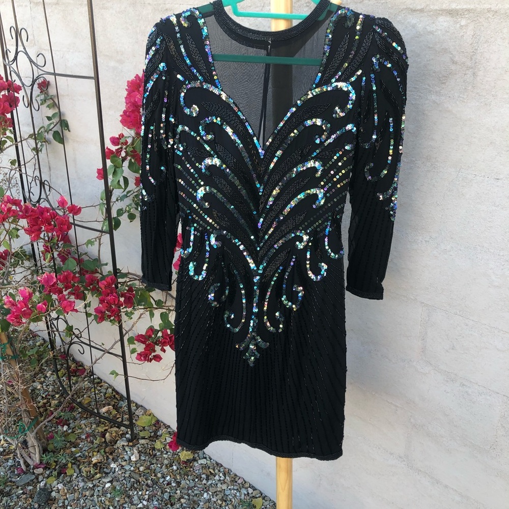 Vintage mesh sequin beaded silk mini dress with long sleeve holiday sparkle - Picture 16 of 16
